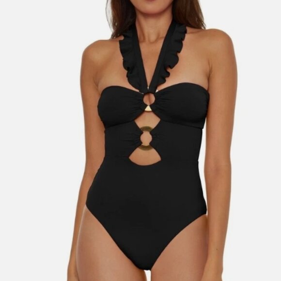 NWT! Soluna Black Ruffle Cutout Hardware One Piece Swimsuit NEW! - Picture 1 of 5